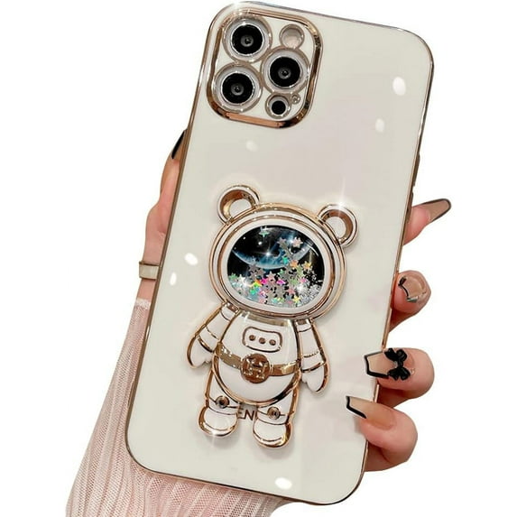 Compatible with iPhone Case,Cute Astronauts Glitter Sparkle Bling Liquid Quicksand Electroplated Holder Kickstand Stand Shockproof Cover Phone Case (White,iPhone Xr)