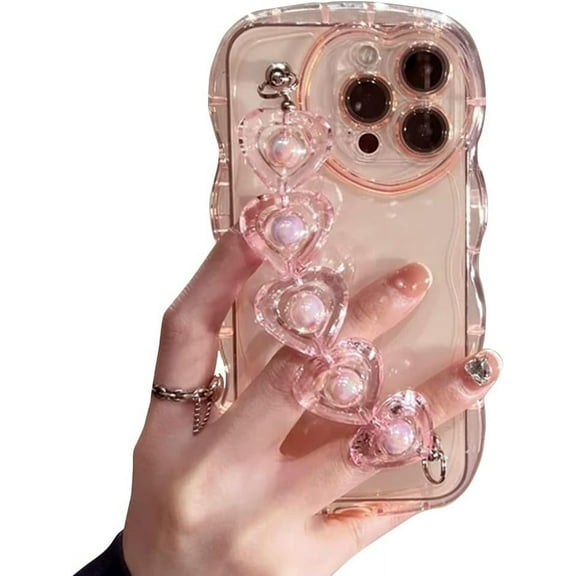 Compatible with iPhone Case,Cute Curly Wavy Shape Heart Wristband Strap Bracelet Chain Silicone Clear Transparent Soft Shockproof Cover Phone Case (Pink,iPhone Xs Max)