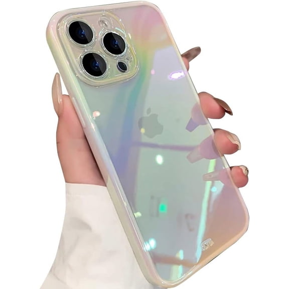 Compatible with iPhone Case,Cute Gradient Colorful Laser Holographic Glitter Sparkle Bling Clear Silicone Bumper Soft Shockproof Cover Phone Case (White,iPhone 14)