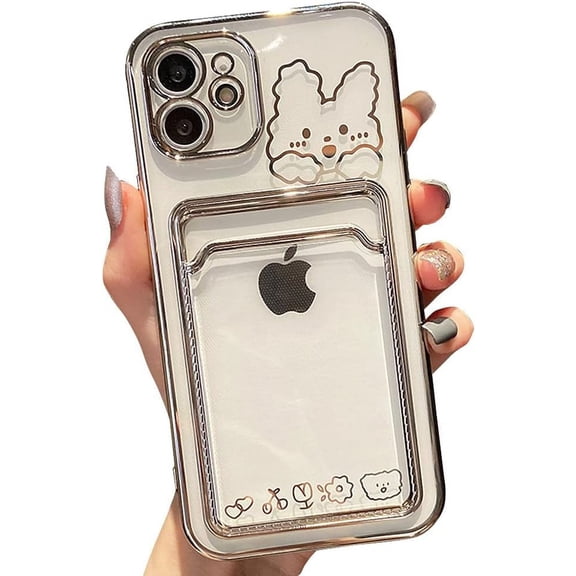 Compatible with iPhone Case,Cute Kawaii Bunny Bear Clear Credit Card Slot Holder Wallet Electro Plated Bumper Protection Soft Shockproof Cover Phone Case (Silver,iPhone 13 Pro)
