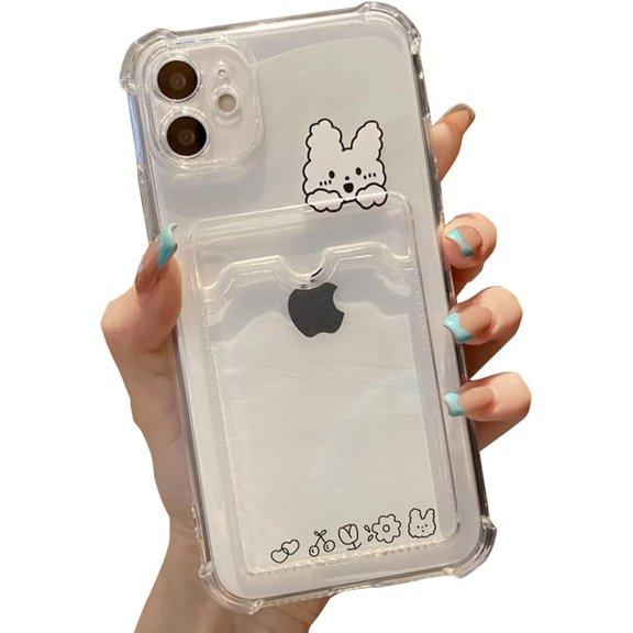 Compatible with iPhone Case,Cute Kawaii Cartoon Bunny Bear Clear Credit Card Slot Holder Wallet Transparent Corner Protection Soft Shockproof Cover Phone Case (Bunny,iPhone 11 Pro Max)