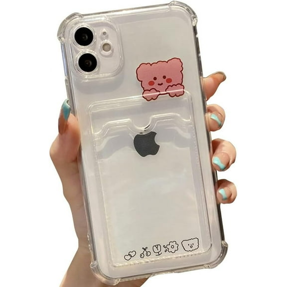 Compatible with iPhone Case,Cute Kawaii Cartoon Bunny Bear Clear Credit Card Slot Holder Wallet Transparent Corner Protection Soft Shockproof Cover Phone Case (Bear,iPhone 13)