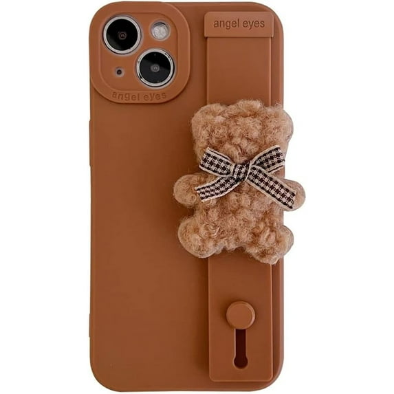 Compatible with iPhone Case,Cute Kawaii Cartoon Fluffy Furry Bear Wristband Strap Bracelet Chain Camera Lens Protection Shockproof Cover Phone Case (Brown,iPhone 13 Pro)