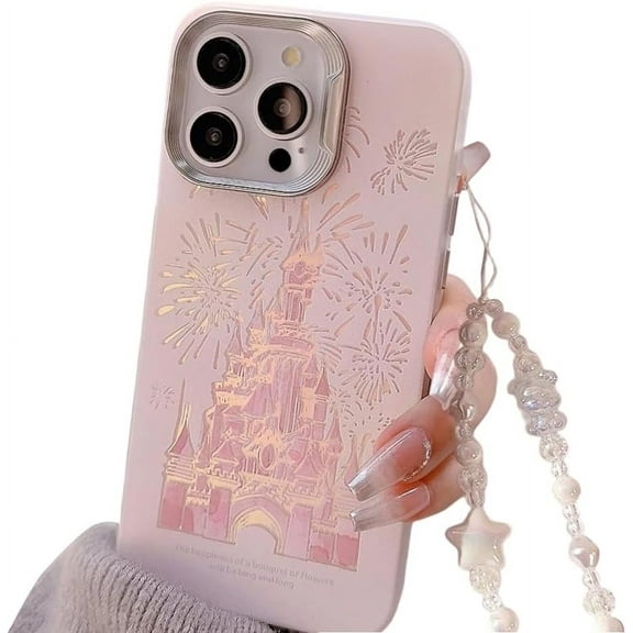Compatible with iPhone Case,Cute Laser Glitter Bling Sparkly Castle Wristband Strap Bracelet Chain[ Drop & Full Body Protection] Shockproof Cover Phone Case (Pink,iPhone 15)
