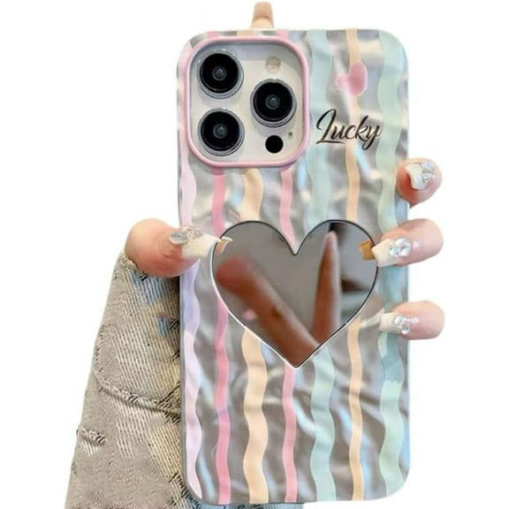 Compatible with iPhone Case,Cute Luxury Heart Makeup Mirror Wavy Curly Water Ripple Pattern Silicone [ Drop&Full Body Protection] Shockproof Cover Phone Case (Blue,iPhone 14 Pro)