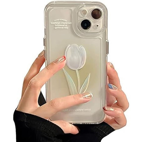 Compatible with iPhone Case,Cute Tulip Rose Flower Flower Camera Lens Protection Clear Soft Shockproof Cover Phone Case for Women Girls (Green,iPhone 15 Pro Max)