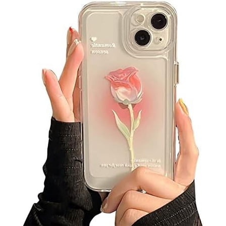 Compatible with iPhone Case,Cute Tulip Rose Flower Flower Camera Lens Protection Clear Soft Shockproof Cover Phone Case for Women Girls (Pink,iPhone 13)