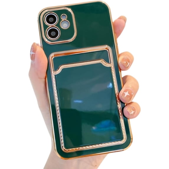 Compatible with iPhone Case,Electro Plated Bumper Credit Card Slot Holder Wallet Camera Lens Protection Soft Shockproof Cover Phone Case (Green,iPhone 11)