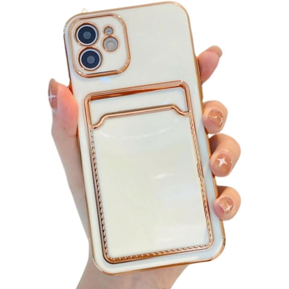 Compatible with iPhone Case,Electro Plated Bumper Credit Card Slot Holder Wallet Camera Lens Protection Soft Shockproof Cover Phone Case (White,iPhone 14 Plus)