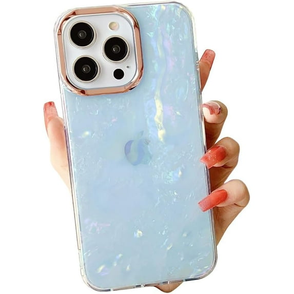 Compatible with iPhone Case,Electro Plated Camera Glitter Pearly Shell Pattern Full Body Protection Soft Shockproof Cover Phone Case (Blue,iPhone 13 Pro)