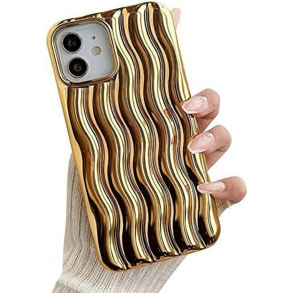 Compatible with iPhone Case,Electro Plated Curly Wave Water Ripple Pattern Camera Lens Protection Soft Shockproof Cover Phone Case (Gold,iPhone 13 Pro Max)