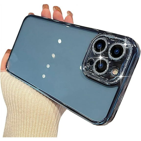 Compatible with iPhone Case,Electro Plated Glitter Bling Sparkle Camera Lens Bumper Protection Clear Soft Shockproof Cover Phone Case (Blue,iPhone 13 Pro Max)