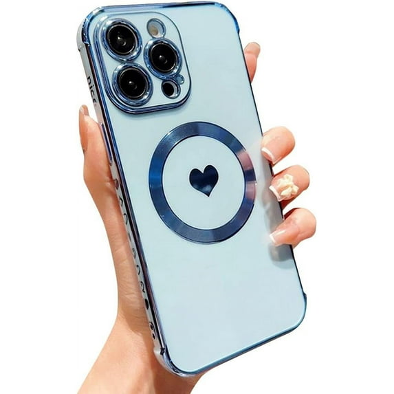 Compatible with iPhone Case,Electro Plated Heart Pattern View Window Corner Camera Lens Bumper Protection Soft Shockproof Cover Phone Case (Blue,iPhone 14 Pro Max)
