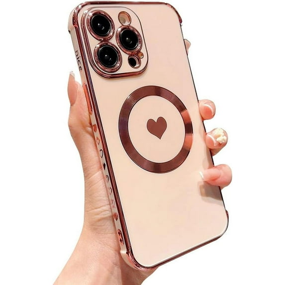 Compatible with iPhone Case,Electro Plated Heart Pattern View Window Corner Camera Lens Bumper Protection Soft Shockproof Cover Phone Case (Pink,iPhone 13)