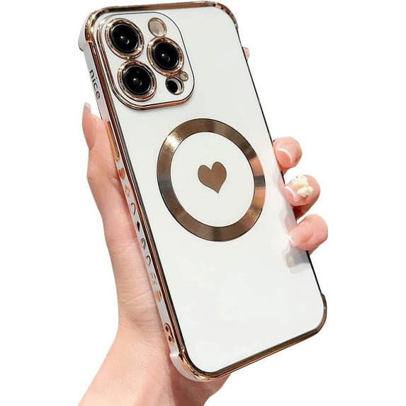 Compatible with iPhone Case,Electro Plated Heart Pattern View Window Corner Camera Lens Bumper Protection Soft Shockproof Cover Phone Case (White,iPhone 14)