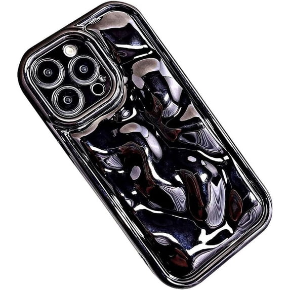 Compatible with iPhone Case,Electro Plated Water Ripple Curly Wave Shape Pattern Camera Lens Protection Soft Shockproof Cover Phone Case (Black,iPhone 13 Pro Max)