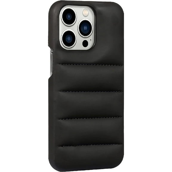 Compatible with iPhone Case,Fashion Solid Color PU Leather Puffer Down Jacket Full Body Protective Soft Shockproof Cover Phone Case (Black,iPhone 13 Pro Max)