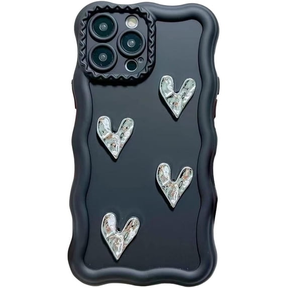 Compatible with iPhone Case,Glitter Bling Sparkle Heart Curly Wave Shape Frame Camera Lens Protection Soft Shockproof Cover Phone Case (Black,iPhone 14 Pro)