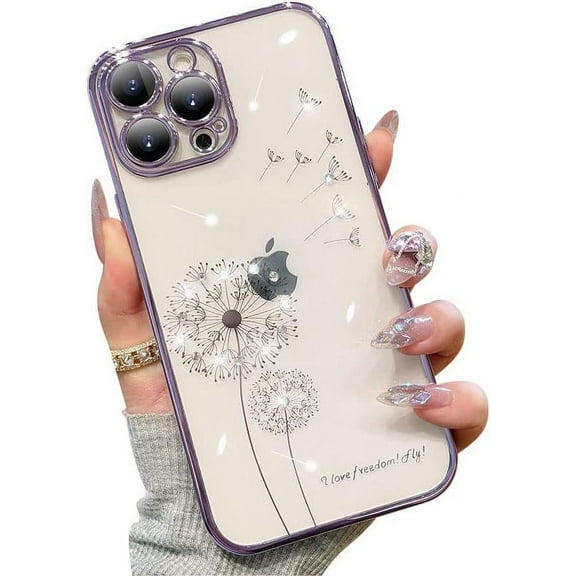 Compatible with iPhone Case,Glitter Bling Sparkly Crystal Rhinestone Diamond Dandelion Flower Floral Electro Plated Edge Clear Soft Shockproof Cover Phone Case (Purple,iPhone 14 Plus)