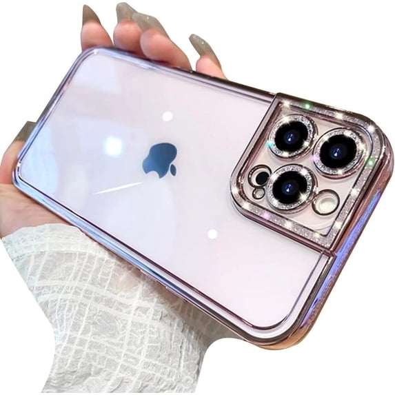 Compatible with iPhone Case,Glitter Bling Sparkly Diamond Electro Plated Frame Camera Lens Protective Clear Soft Shockproof Cover Phone Case (Purple,iPhone 12 Pro Max)