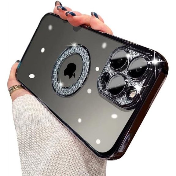 Compatible with iPhone Case,Glitter Bling Sparkly Diamond Logo View Window Camera Lens Protection ElectroPlated Color Frame Edge Border Clear Soft Phone Case (Black,iPhone 11)