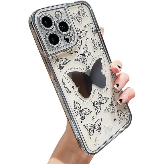 Compatible with iPhone Case,Glitter Diamond Camera Lens Protection Bling Sparkle Butterfly Clear Soft Shockproof Cover Phone Case (Blue,iPhone 13 Pro Max)