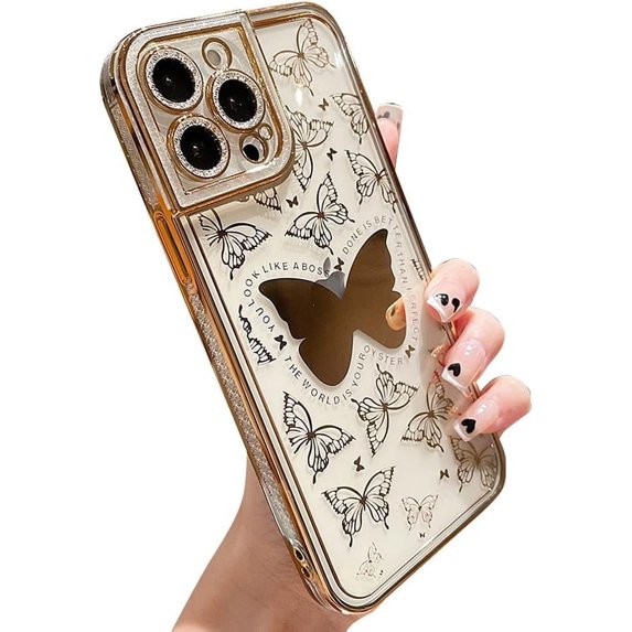 Compatible with iPhone Case,Glitter Diamond Camera Lens Protection Bling Sparkle Butterfly Clear Soft Shockproof Cover Phone Case (Gold,iPhone 14 Plus)