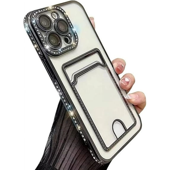 Compatible with iPhone Case,Glitter Diamond Credit Card Slot Holder Wallet Bling Sparkle Camera Lens Protection Clear Soft Shockproof Cover Phone Case (Black,iPhone 14 Plus)