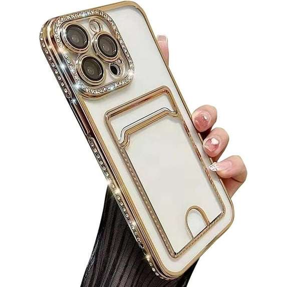 Compatible with iPhone Case,Glitter Diamond Credit Card Slot Holder Wallet Bling Sparkle Camera Lens Protection Clear Soft Shockproof Cover Phone Case (Gold,iPhone 14 Pro)