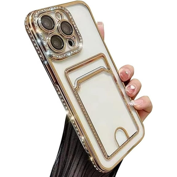 Compatible with iPhone Case,Glitter Diamond Credit Card Slot Holder Wallet Bling Sparkle Camera Lens Protection Clear Soft Shockproof Cover Phone Case (Gold,iPhone 13 Pro)