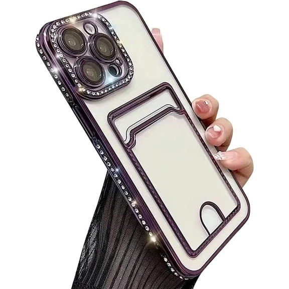 Compatible with iPhone Case,Glitter Diamond Credit Card Slot Holder Wallet Bling Sparkle Camera Lens Protection Clear Soft Shockproof Cover Phone Case (Purple,iPhone 14 Plus)