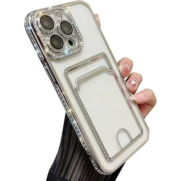 Compatible with iPhone Case,Glitter Diamond Credit Card Slot Holder Wallet Bling Sparkle Camera Lens Protection Clear Soft Shockproof Cover Phone Case (Silver,iPhone 14 Plus)