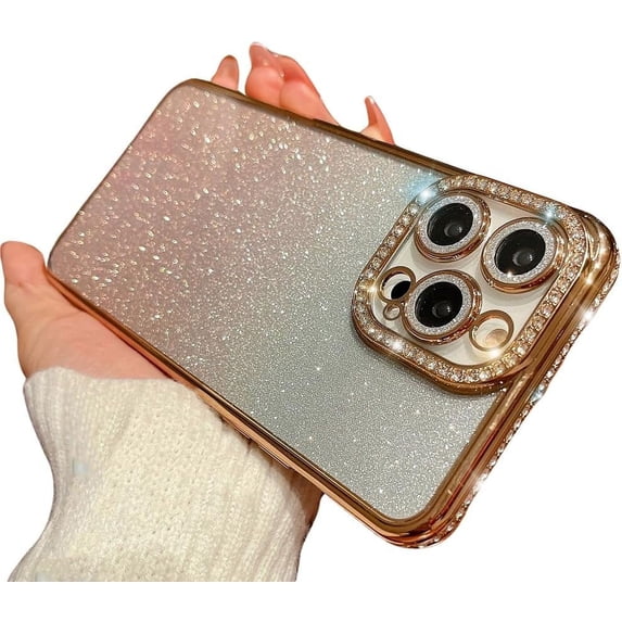 Compatible with iPhone Case,Glitter Diamond Electro Plated Bumper Clear Camera Lens Protection Soft Shockproof Cover Phone Case (Gold,iPhone 12 Pro Max)