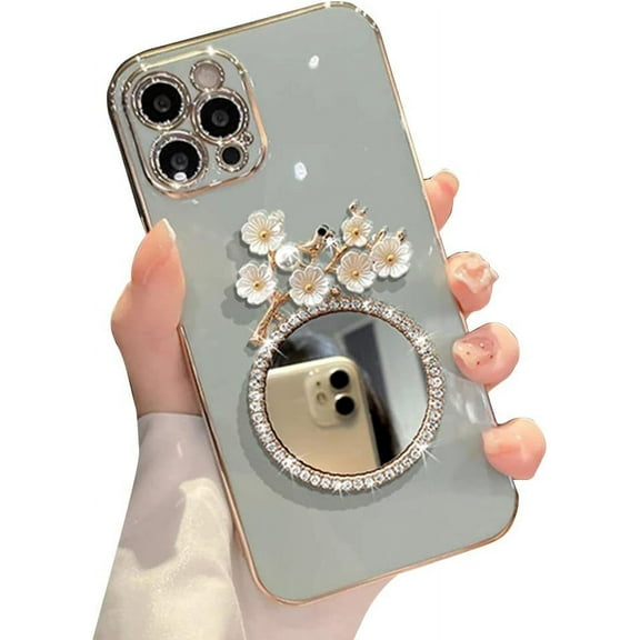Compatible with iPhone Case,Glitter Diamond Mirror Makeup Bling Flower Floral Electroplated Bumper Camera Lens Protection Soft Shockproof Cover Phone Case (Blue,iPhone 12 Pro)