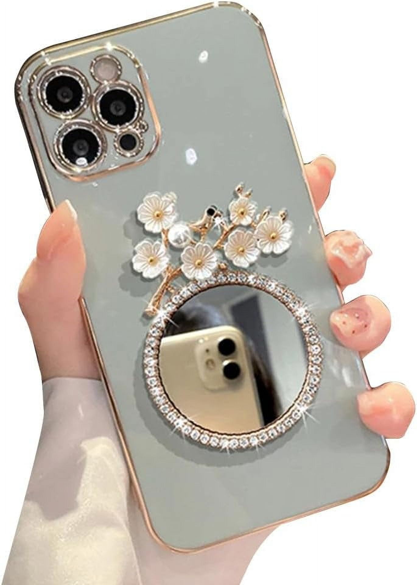 Compatible with iPhone Case,Glitter Diamond Mirror Makeup Bling Flower