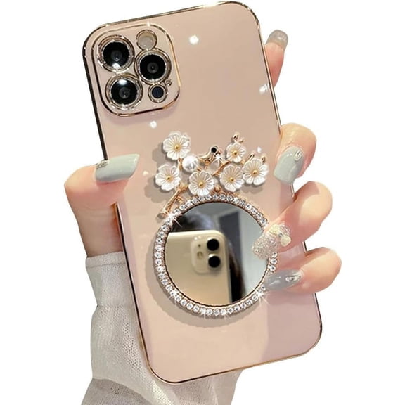 Compatible with iPhone Case,Glitter Diamond Mirror Makeup Bling Flower Floral Electroplated Bumper Camera Lens Protection Soft Shockproof Cover Phone Case (Pink,iPhone 15 Pro)