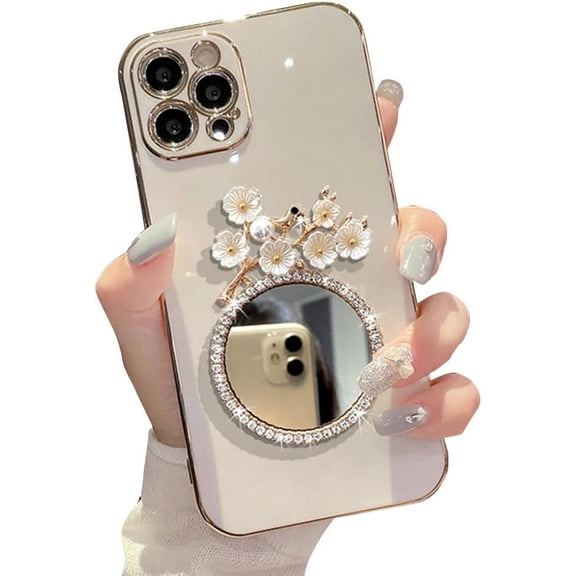 Compatible with iPhone Case,Glitter Diamond Mirror Makeup Bling Flower Floral Electroplated Bumper Camera Lens Protection Soft Shockproof Cover Phone Case (White,iPhone 15 Pro Max)