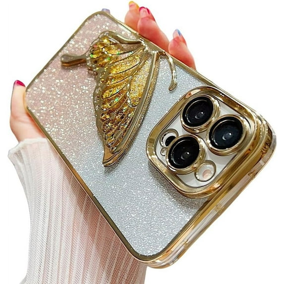 Compatible with iPhone Case,Glitter Electro Plated Butterfly Liquid Sand Camera Lens Protection Soft Shockproof Cover Phone Case (Gold,iPhone 15 Pro Max)