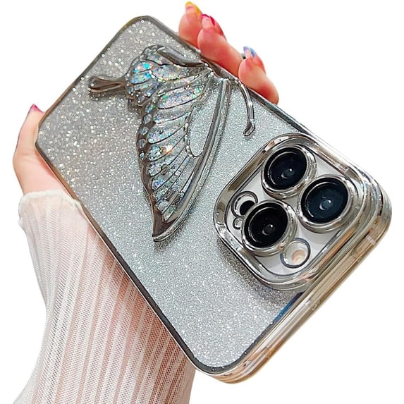 Compatible with iPhone Case,Glitter Electro Plated Butterfly Liquid Sand Camera Lens Protection Soft Shockproof Cover Phone Case (Silver,iPhone 13 Pro Max)