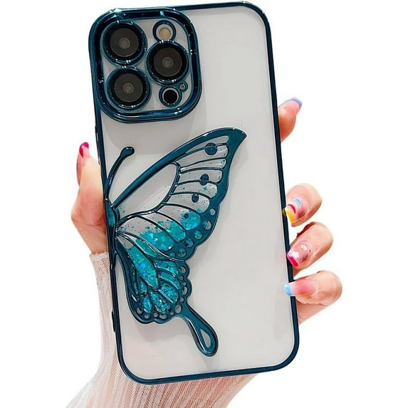 Compatible with iPhone Case,Glitter Electro Plated Butterfly Liquid Sand Clear Camera Lens Protection Soft Shockproof Cover Phone Case (Green,iPhone 12 Pro Max)