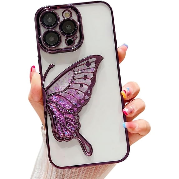 Compatible with iPhone Case,Glitter Electro Plated Butterfly Liquid Sand Clear Camera Lens Protection Soft Shockproof Cover Phone Case (Purple,iPhone 12 Pro Max)
