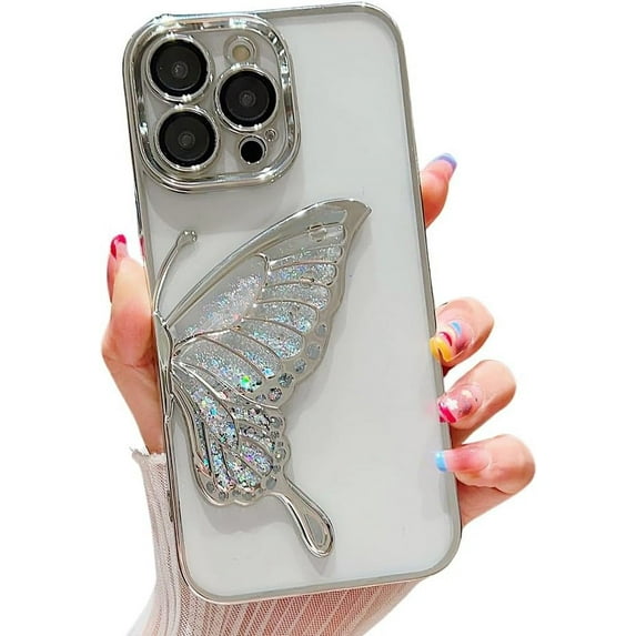 Compatible with iPhone Case,Glitter Electro Plated Butterfly Liquid Sand Clear Camera Lens Protection Soft Shockproof Cover Phone Case (Silver,iPhone 14 Pro Max)