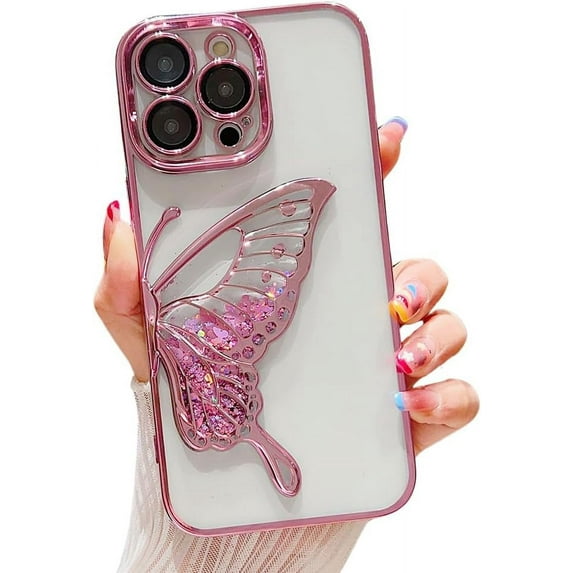 Compatible with iPhone Case,Glitter Electro Plated Butterfly Liquid Sand Clear Camera Lens Protection Soft Shockproof Cover Phone Case (Silver,iPhone 15)