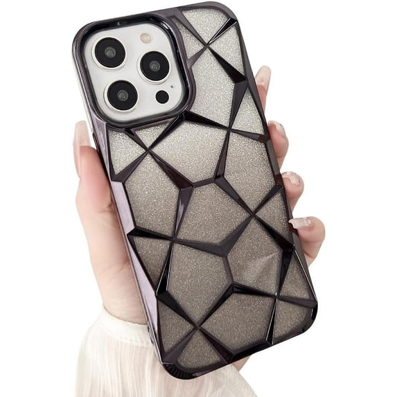 Compatible with iPhone Case,Glitter Electro Plated Gradient Argyle Checkered Camera Lens Protection Soft Shockproof Cover Phone Case (Black,iPhone 12 Pro Max)