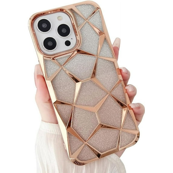 Compatible with iPhone Case,Glitter Electro Plated Gradient Argyle Checkered Camera Lens Protection Soft Shockproof Cover Phone Case (Gold,iPhone 15 Pro Max)
