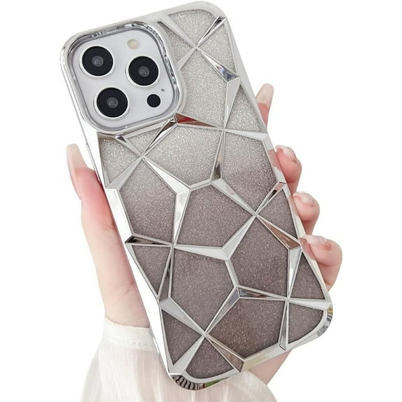 Compatible with iPhone Case,Glitter Electro Plated Gradient Argyle Checkered Camera Lens Protection Soft Shockproof Cover Phone Case (Silver,iPhone 14 Plus)