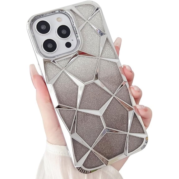 Compatible with iPhone Case,Glitter Electro Plated Gradient Argyle Checkered Camera Lens Protection Soft Shockproof Cover Phone Case (Silver,iPhone 15 Pro Max)