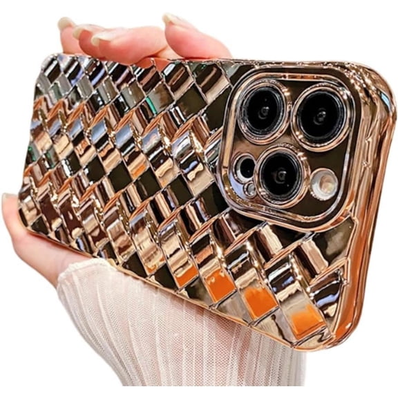 Compatible with iPhone Case,Glitter Electro Plated Liquid Silicone Argyle Checkered Camera Lens Protection Soft Shockproof Cover Phone Case (Gold,iPhone 14)