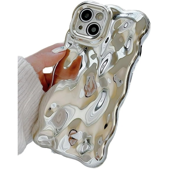 Compatible with iPhone Case, Glitter Glossy Electro Plated Curly Wave Water Ripple Design Camera Lens Protection Soft Shockproof Cover Phone Case (Silver,iPhone 12 Pro Max)