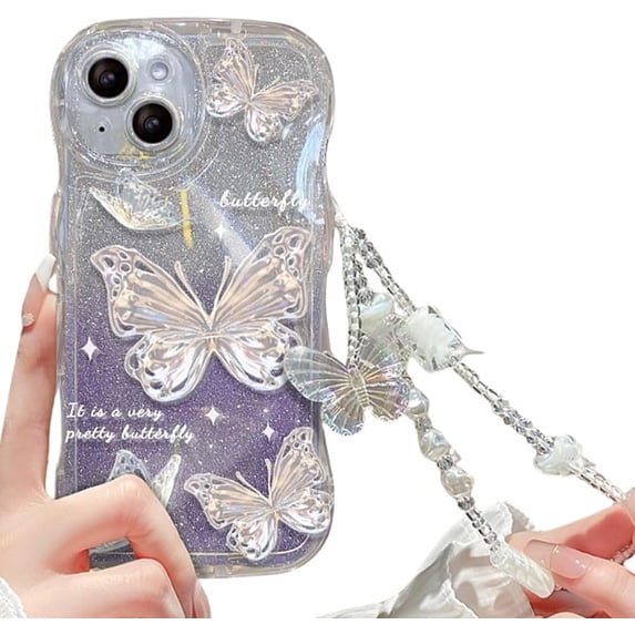 Compatible with iPhone Case,Glitter Gradient Butterfly Bracelet Curly Wave Water Ripple Shape Camera Lens Protection Clear Soft Shockproof Cover Phone Case (Purple,iPhone 15 Pro)